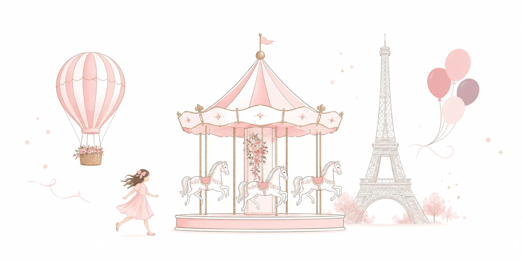 L’univers parisien de Carrouselle avec un manège, une montgolfière et la tour Eiffel